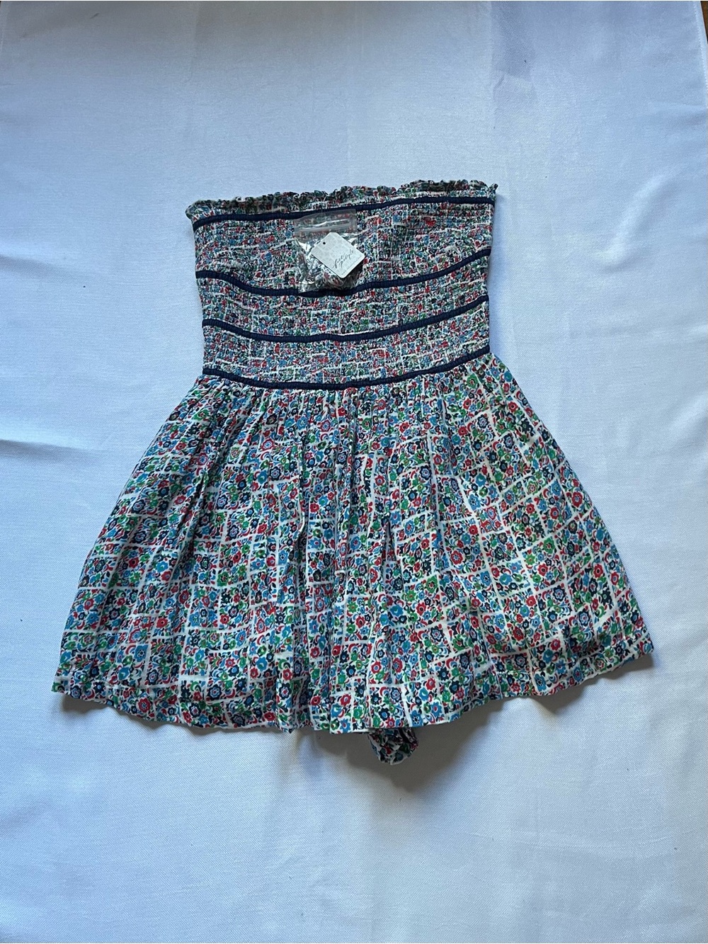 Free People S Floral Strapless Ruffle Smocked Romper Blue White NWT whimsy fairy